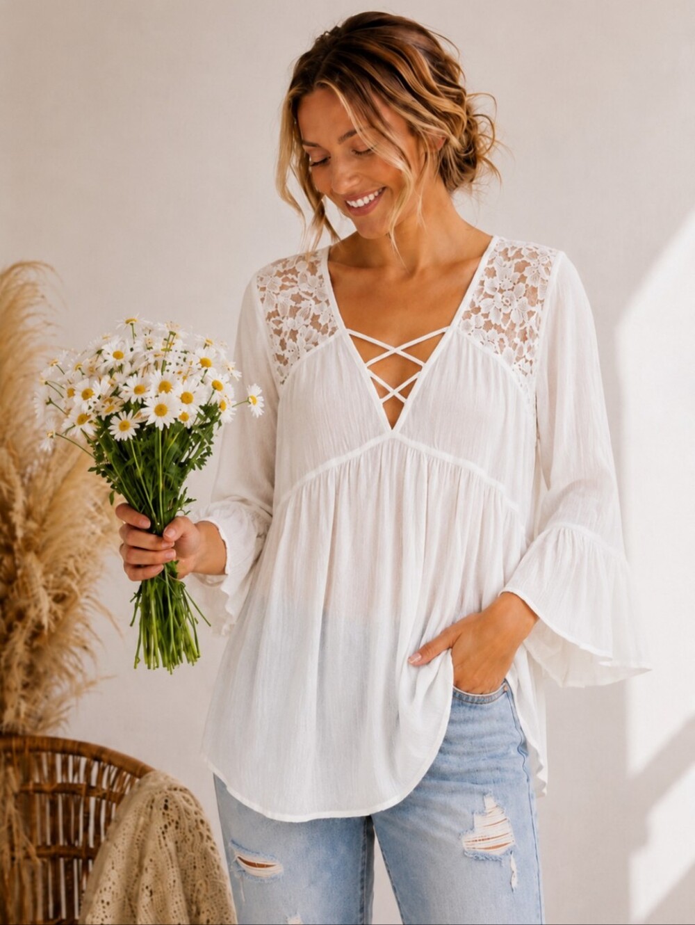 Ambiance Romantic White Boho Lace Bell Sleeve Blouse 2X